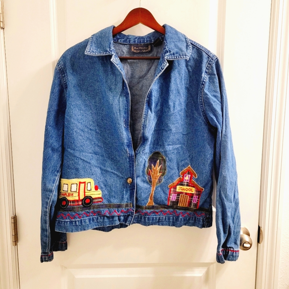 New Directions Blue Jean Jacket with School Bus and House Design